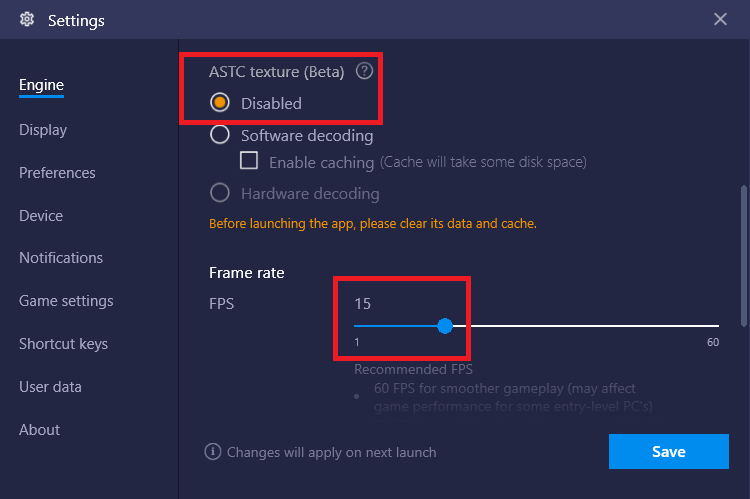 decrease bluestacks frame rate